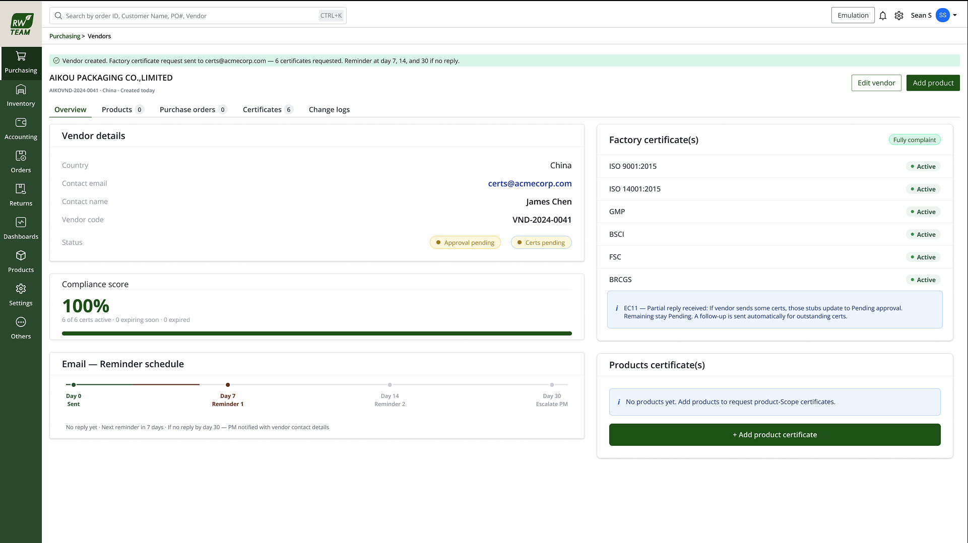 Vendor profile showing factory certificates, compliance score and reminder schedule